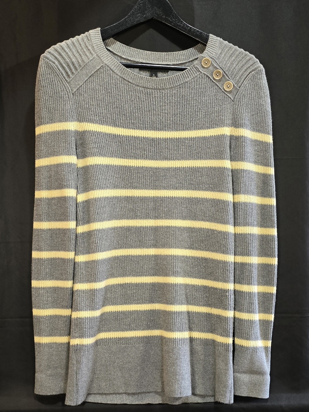 Banana Republic Grey & Yellow Striped Button Shoulder Ribbed Sweater